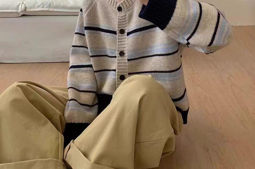 V-Neck Striped Button-Up Cardigan Product Image