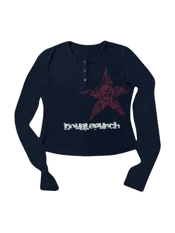 Vintage Print Button Long Sleeve Tee Product Image
