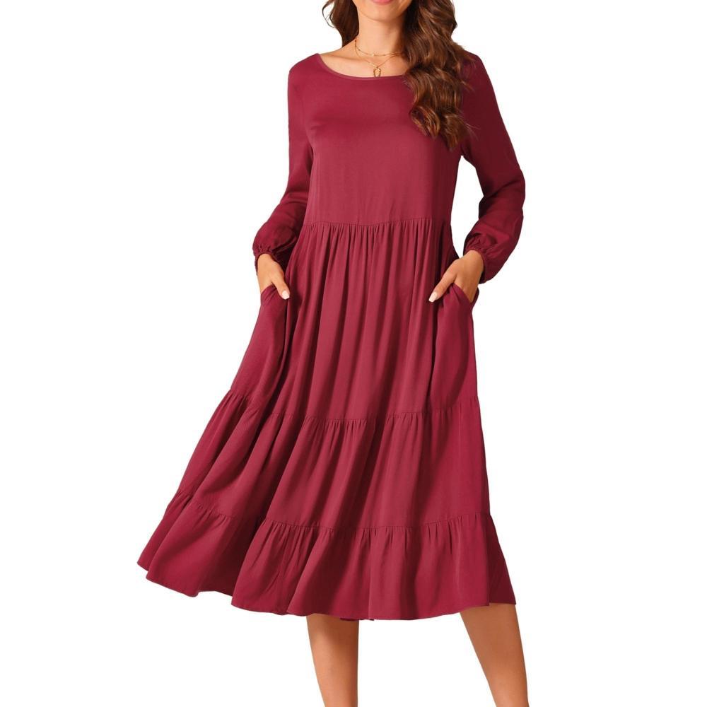 Seta T Women's Fall Casual Crewneck Flowy Tiered Boho Maxi Dress with Pockets Product Image