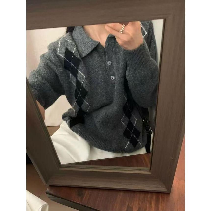 Long-Sleeve Argyle Knit Polo Shirt Product Image