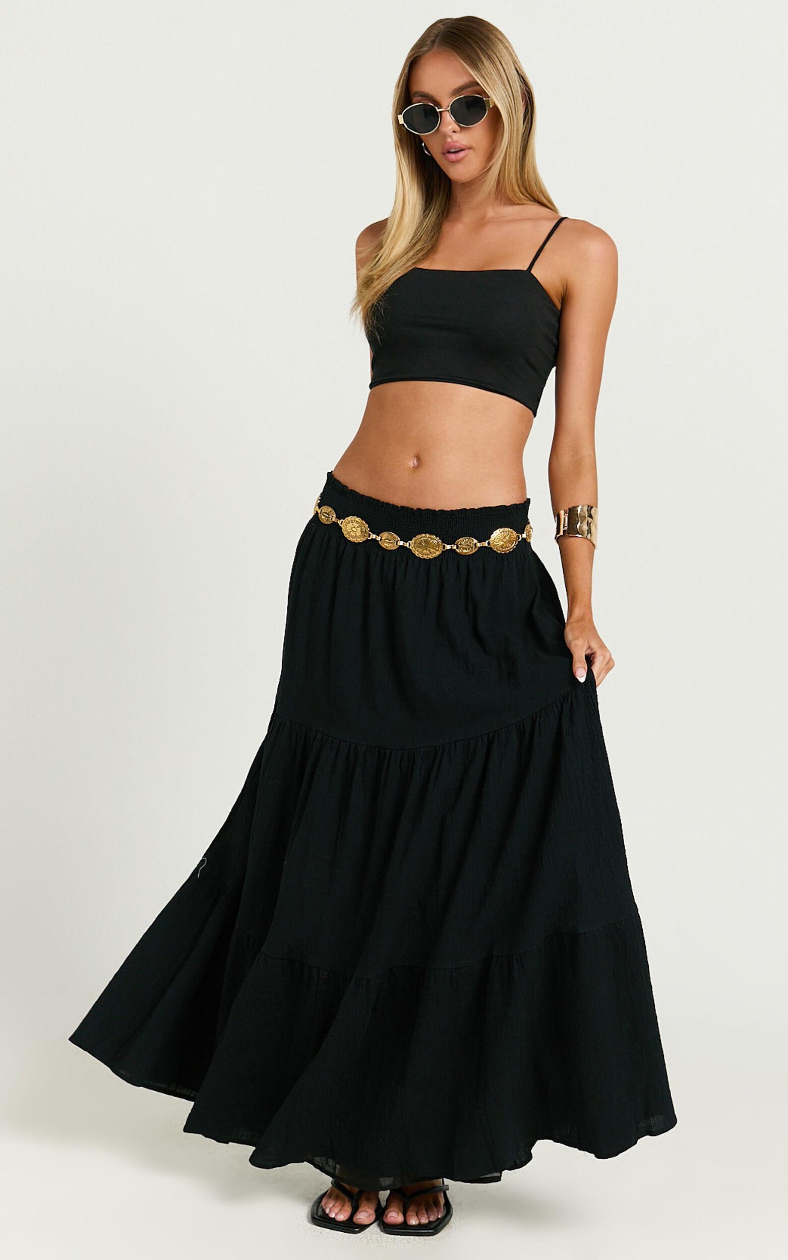 Ruby Midi Skirt - Shirred High Waist Cotton Tiered Skirt in Black Product Image