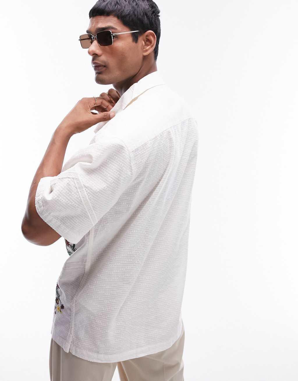Topman short sleeve floral embroidered textured shirt in white Product Image