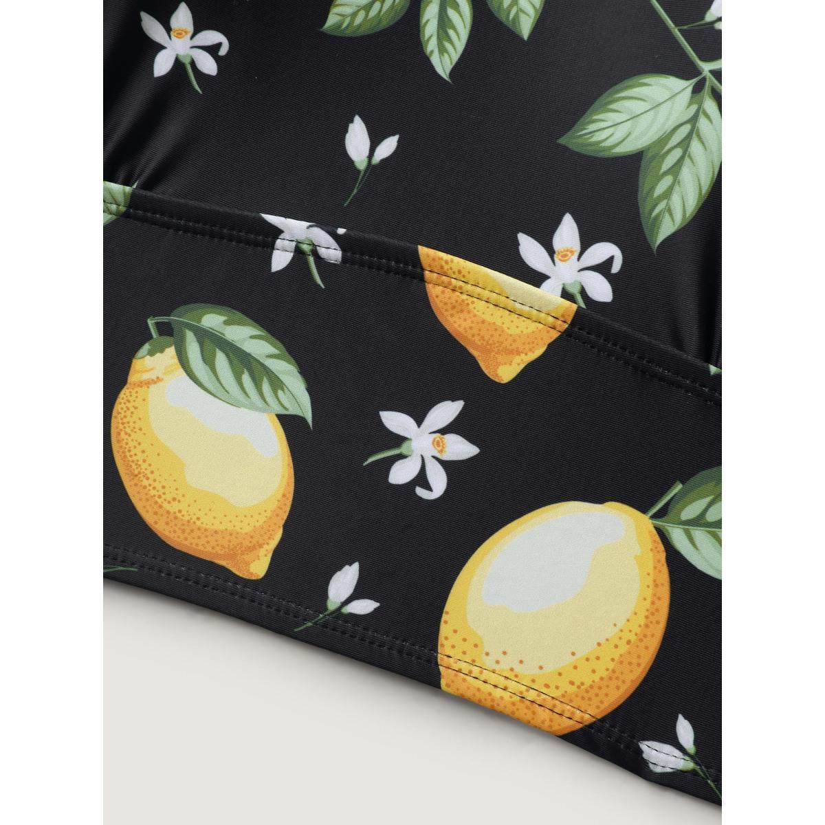 Plus Size Lemon Print Scoop Neck Swim Top Women's Swimwear Black Beach High stretch Skinny U-neck Curve Swim Tops BloomChic 14-16/1X Product Image