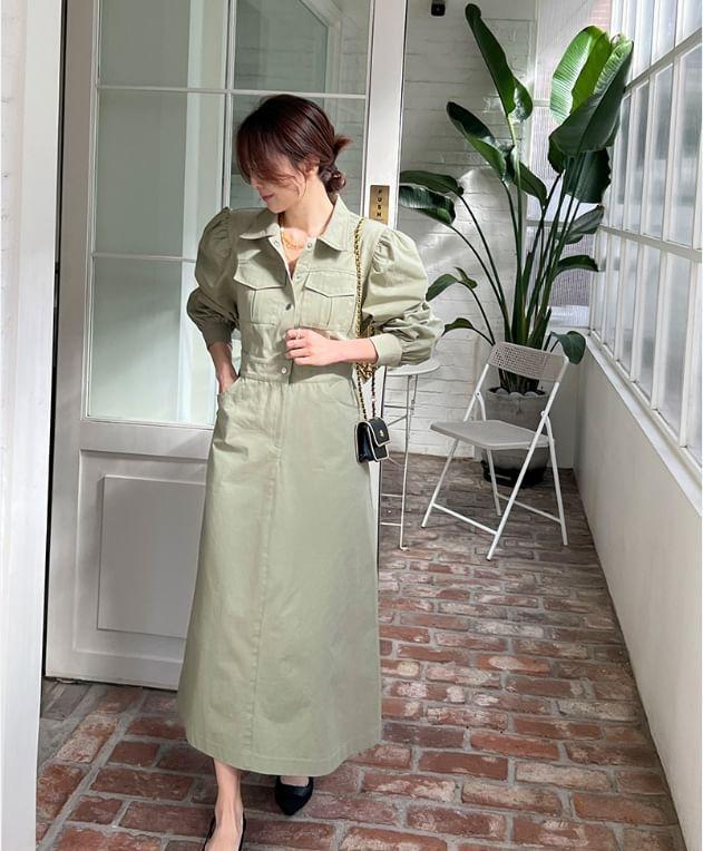 Long-Sleeve Collared Plain Midi A-Line Dress Product Image