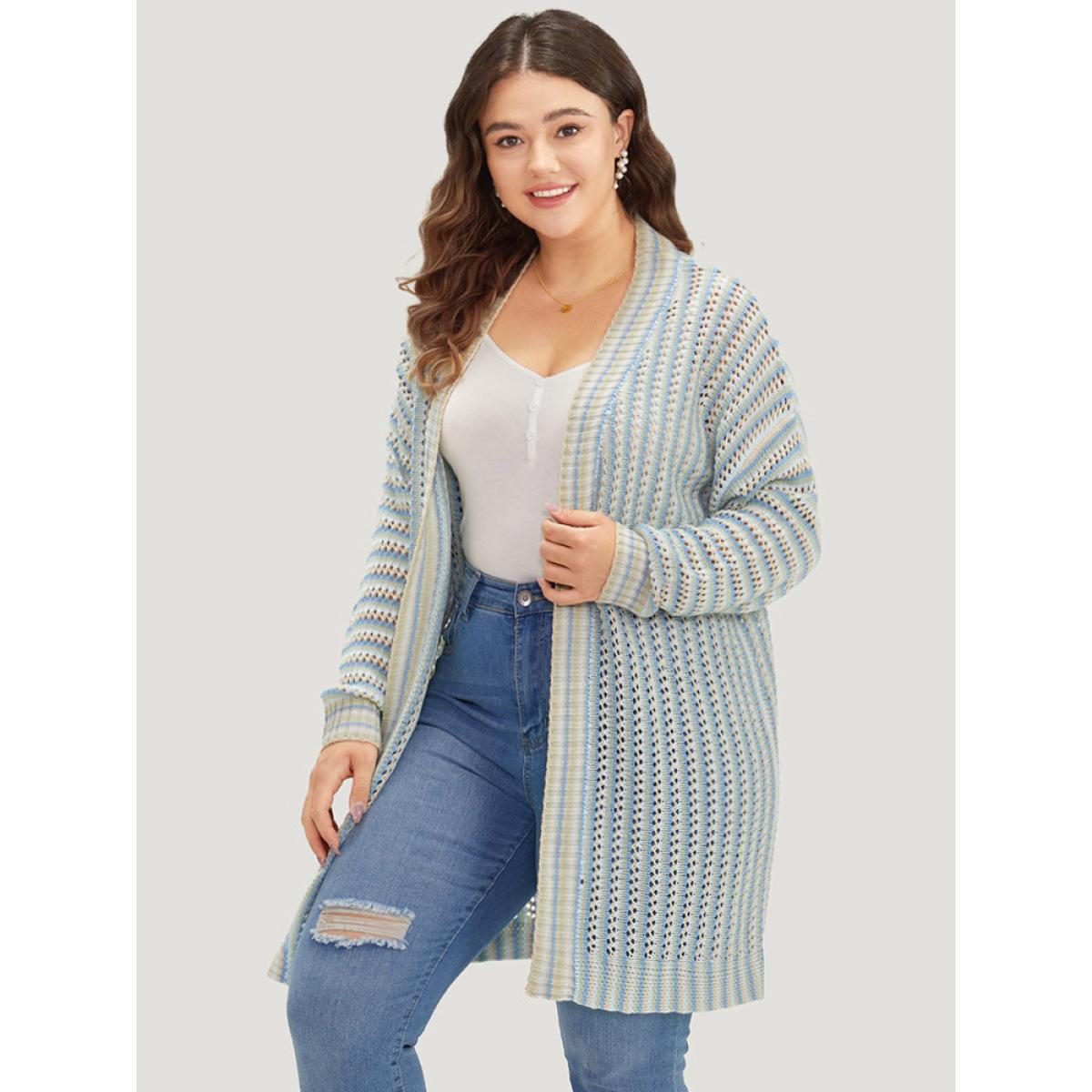 Plus Size Contrast Geo Eyelet Drop Shoulder Cardigan Multicolor Women Casual Loose Long Sleeve Dailywear Cardigans BloomChic 10/M Product Image