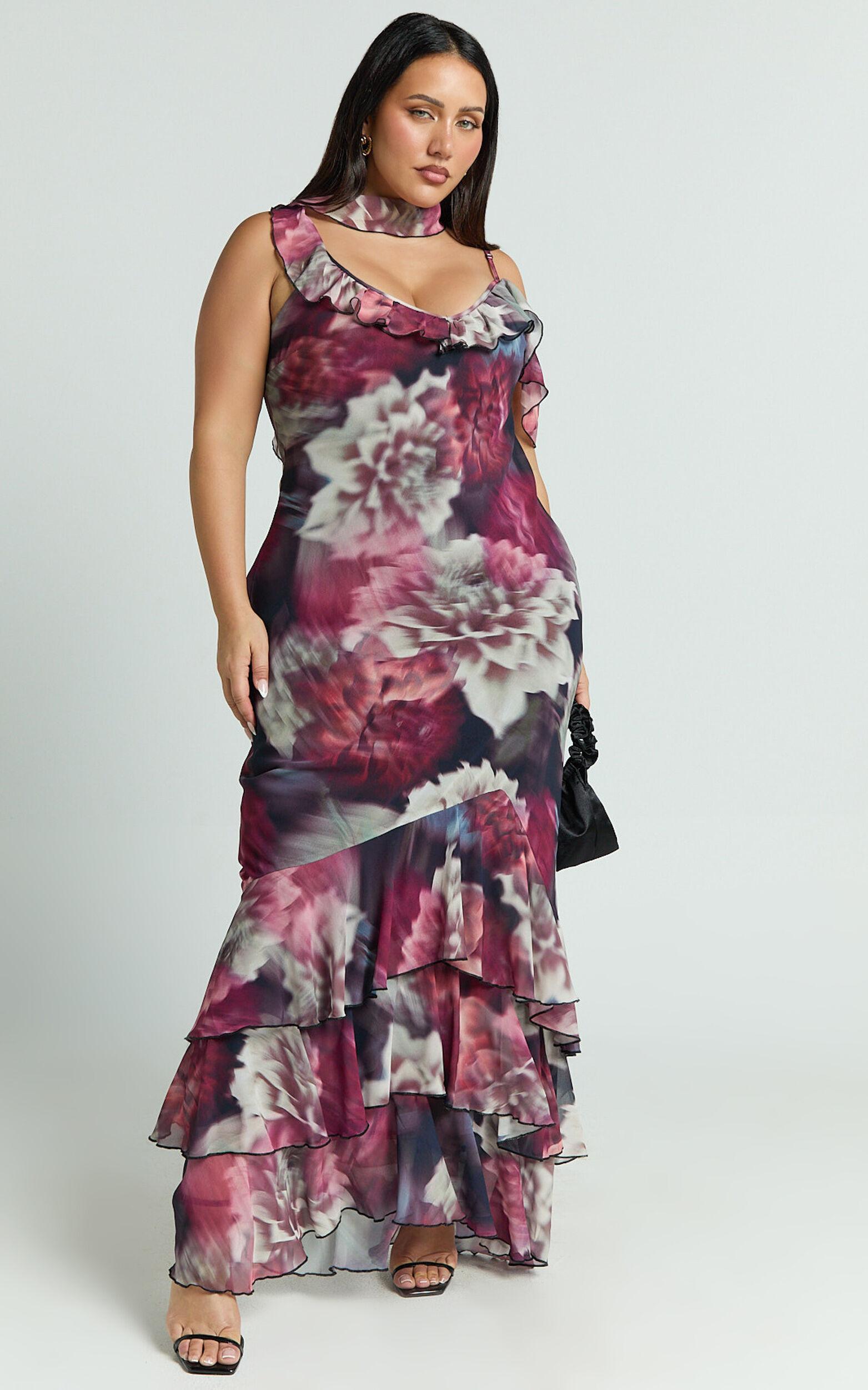 Riley Maxi Dress - Asymmetric Ruffle Detail Maxi Dress in Mariache Rose Product Image