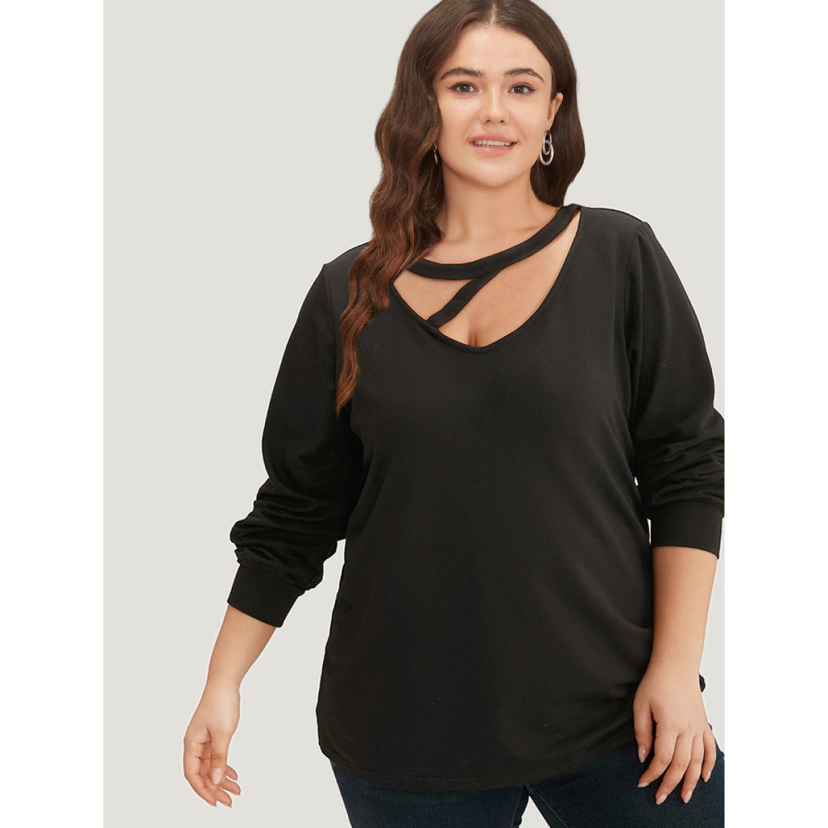 Plus Size Solid Cut Out Sweatshirt Women Black Casual Plain Keyhole Cut-Out Dailywear Sweatshirts BloomChic 28/5X Product Image