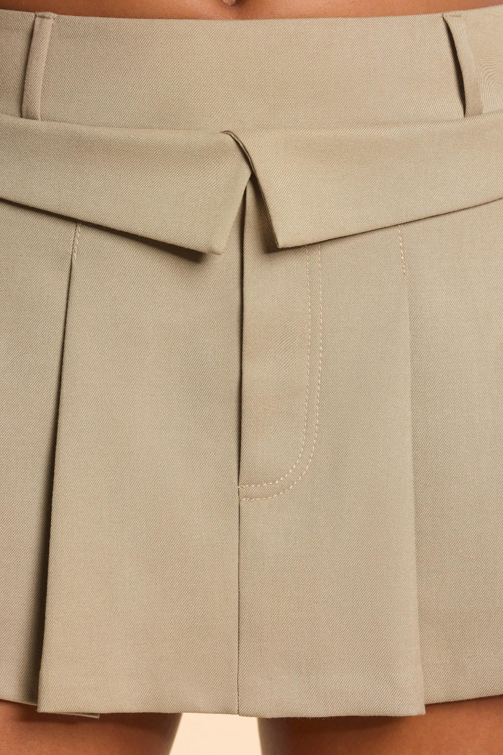 Brushed Twill Mid Rise Pleated Micro Mini Skirt in Taupe Product Image
