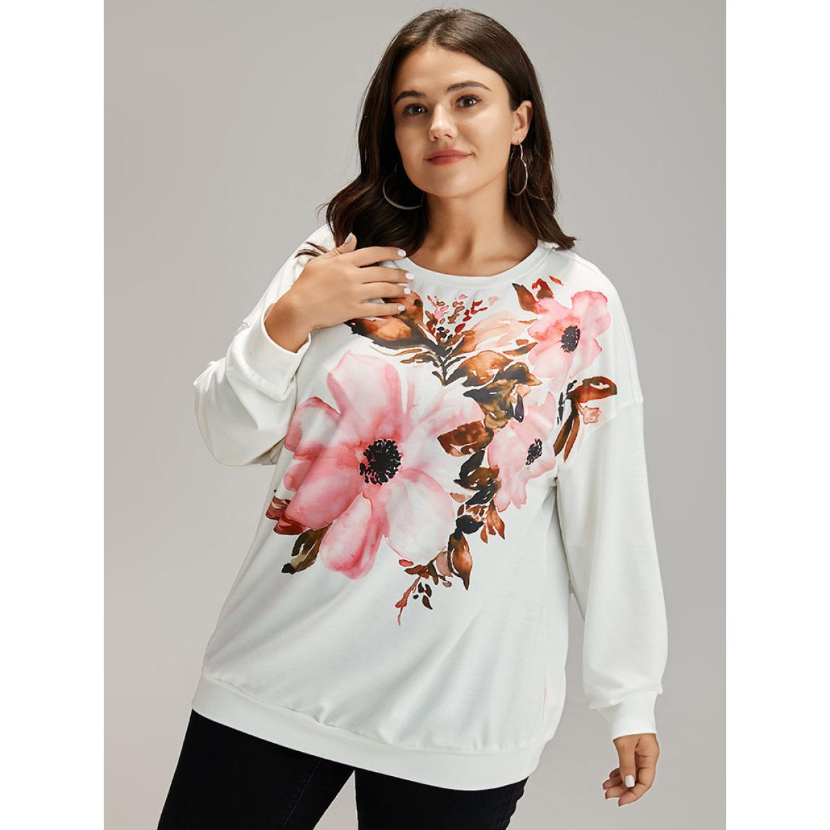 Plus Size Floral Round Neck Elastic Cuffs Sweatshirt Women White Casual Elastic cuffs Round Neck Dailywear Sweatshirts BloomChic 12/L Product Image