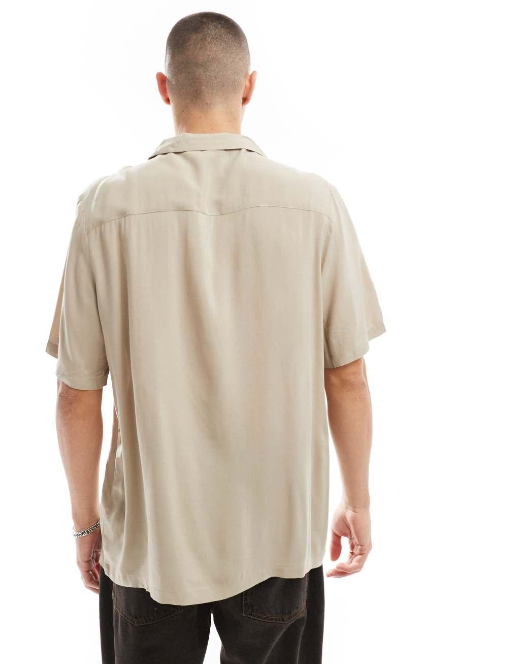 ASOS DESIGN relaxed fit viscose shirt with revere collar in stone Product Image