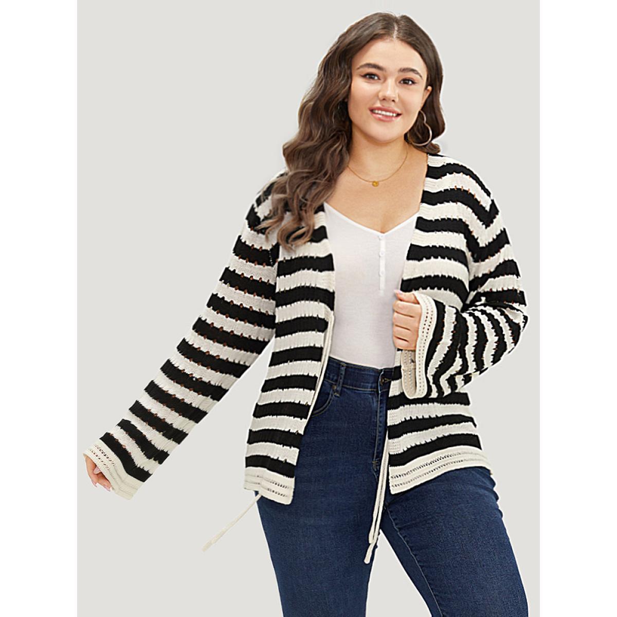 Plus Size Striped Ties Front Eyelet Lace Cardigan Black Women Casual Loose Long Sleeve Dailywear Cardigans BloomChic 12/L Product Image