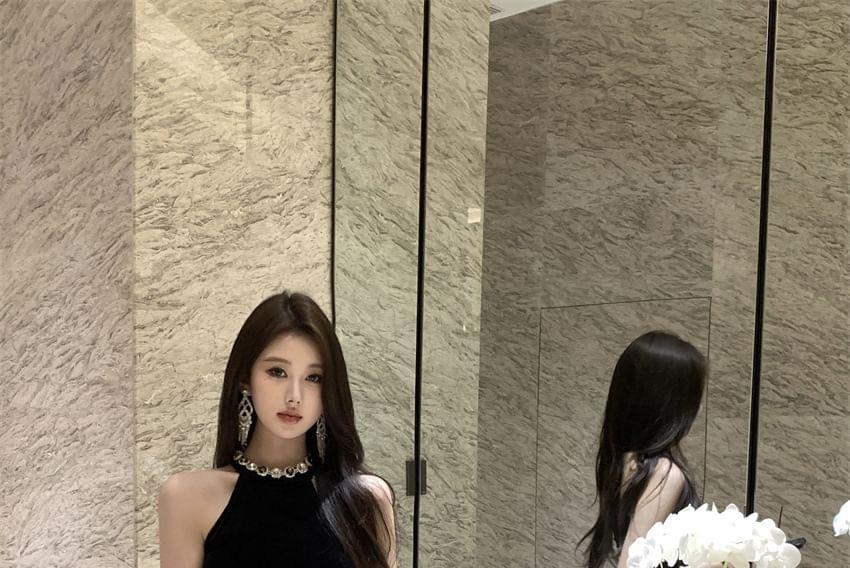 Halter-Neck Rhinestone Asymmetrical Velvet Mini Bodycon Dress Product Image