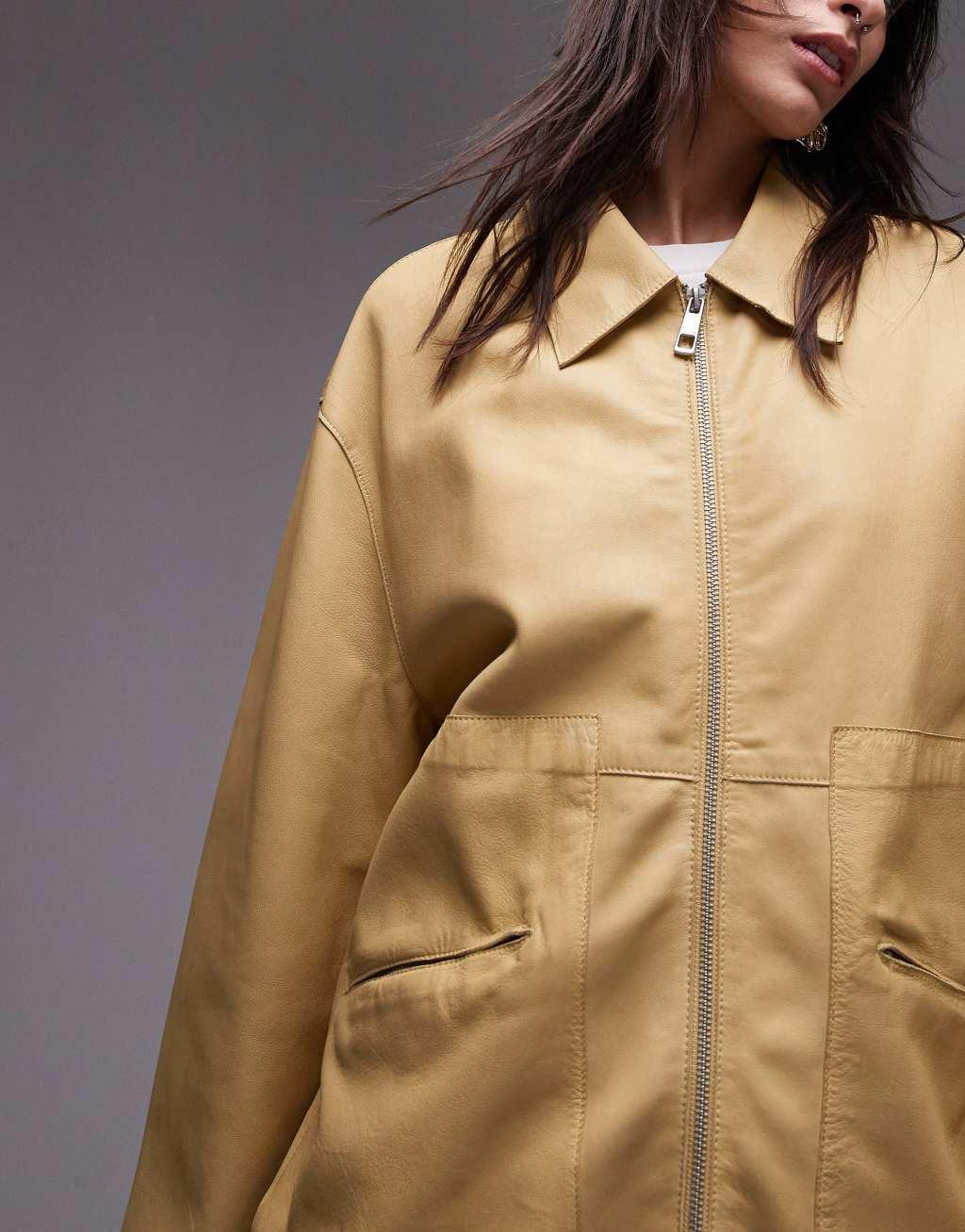 Topshop premium real leather harrington jacket in yellow Product Image