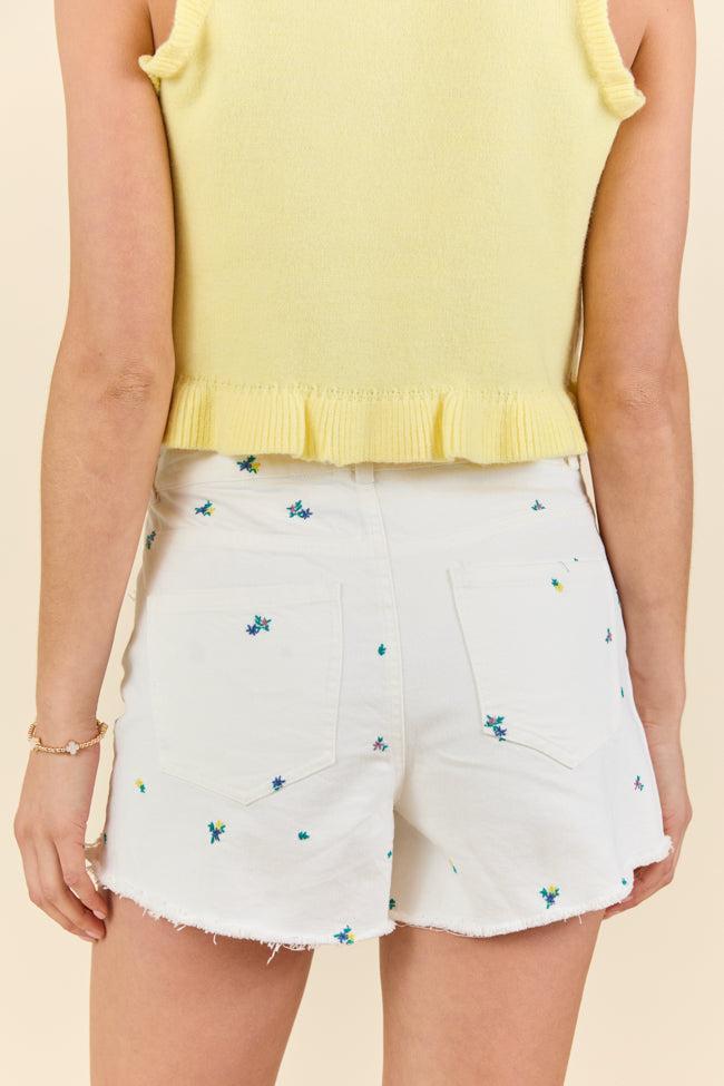 Faded Gardens Off White Floral Embroidered Denim Shorts SALE Product Image