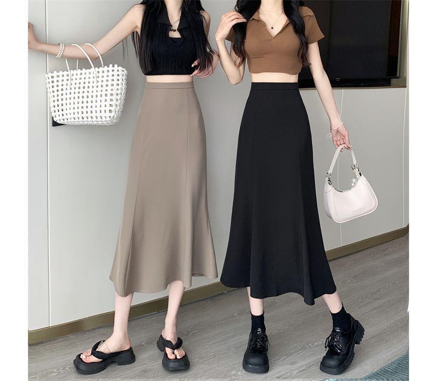 High Rise Plain Midi A-Line Skirt Product Image