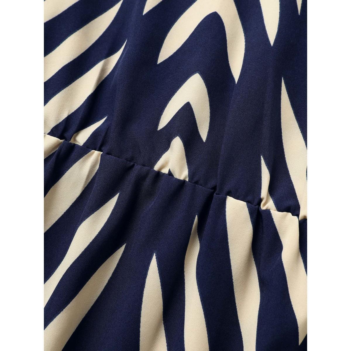 Plus Size Geometric Belted Dolman Sleeve Curved Hem Dress Navy Women At the Office Flat collar with V-notch Short sleeve Curvy BloomChic 12/L Product Image