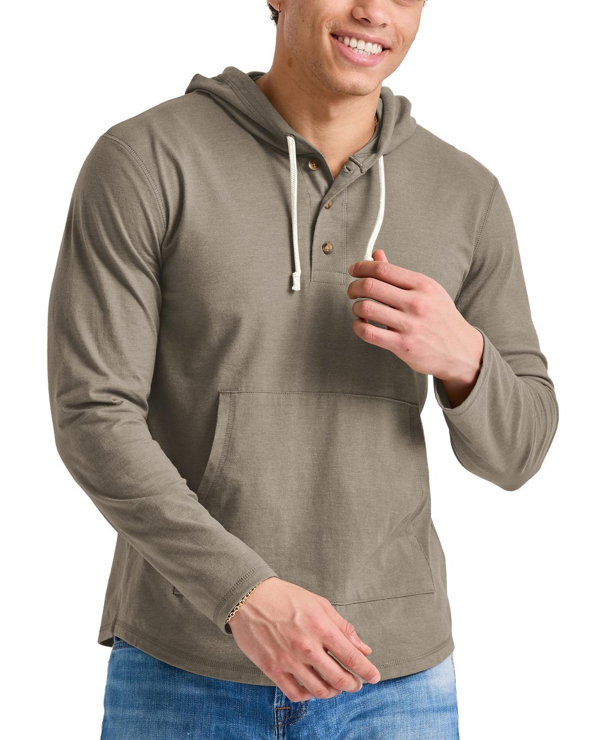 Men's Hanes® Originals Cotton Henley Hoodie, Size: Small, Red River Clay Product Image