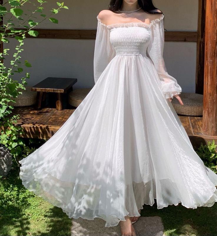 Long-Sleeve Off Shoulder Plain Frill Shirred Maxi A-Line Dress Product Image