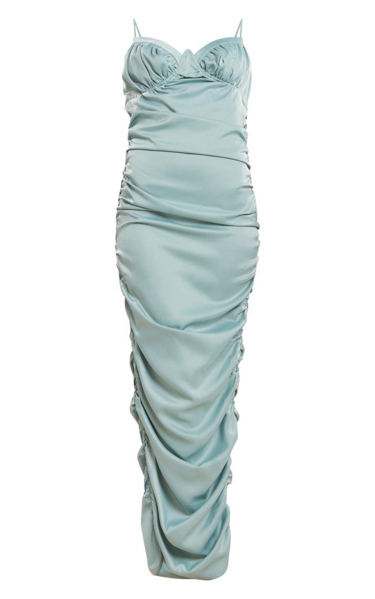Dusty Blue Textured Satin Ruched Midaxi Dress Product Image