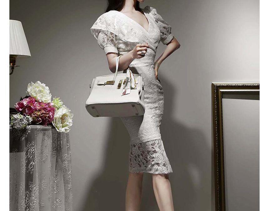 Puff-Sleeve V-Neck Plain Front-Slit Lace Sheath Dress Product Image