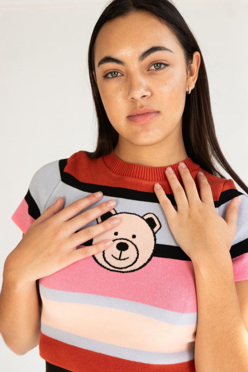 Short Sleeve Striped Teddy Bear Sweater Product Image