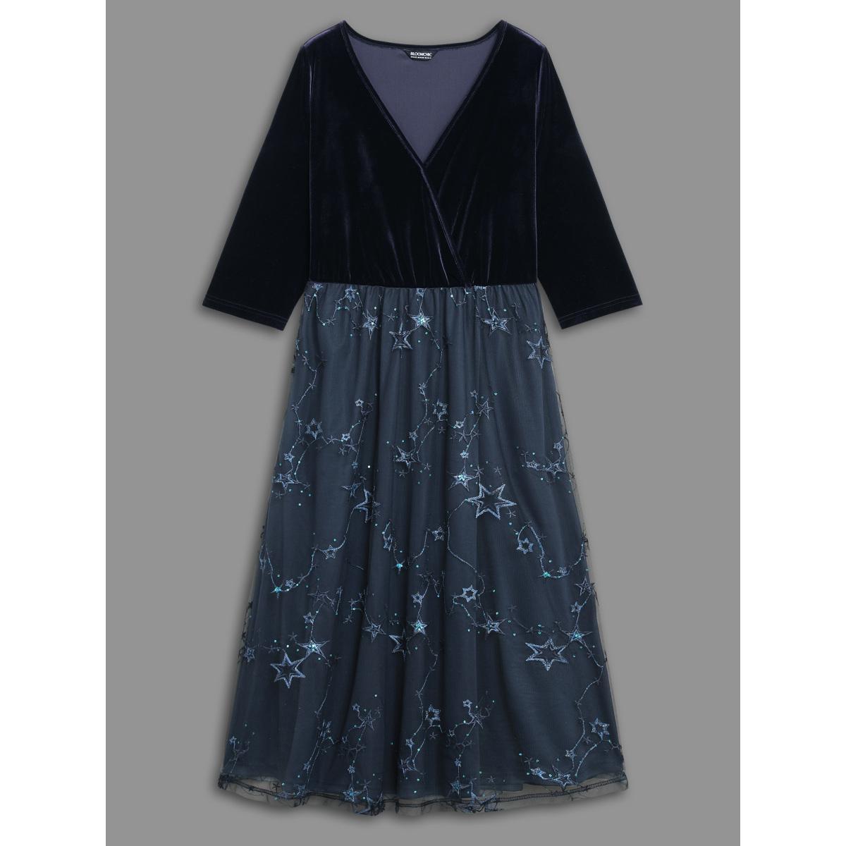 Plus Size Velvet Star Mesh Surplice Neckline Midi Dress DarkBlue Women Cocktail Texture Party Curvy Bloomchic 26/4X Product Image