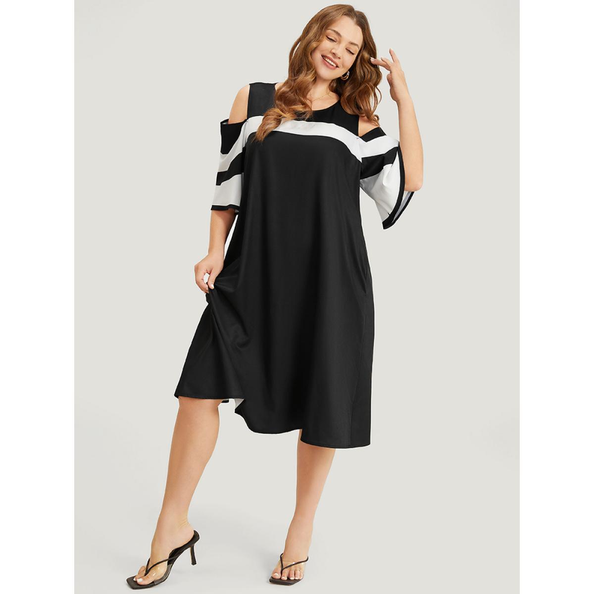 Plus Size Colorblock Contrast Pocket Cold Shoulder Dress Black Women Elegant Contrast Cold Shoulder Half Sleeve Curvy Knee Dress BloomChic 22-24/3X Product Image
