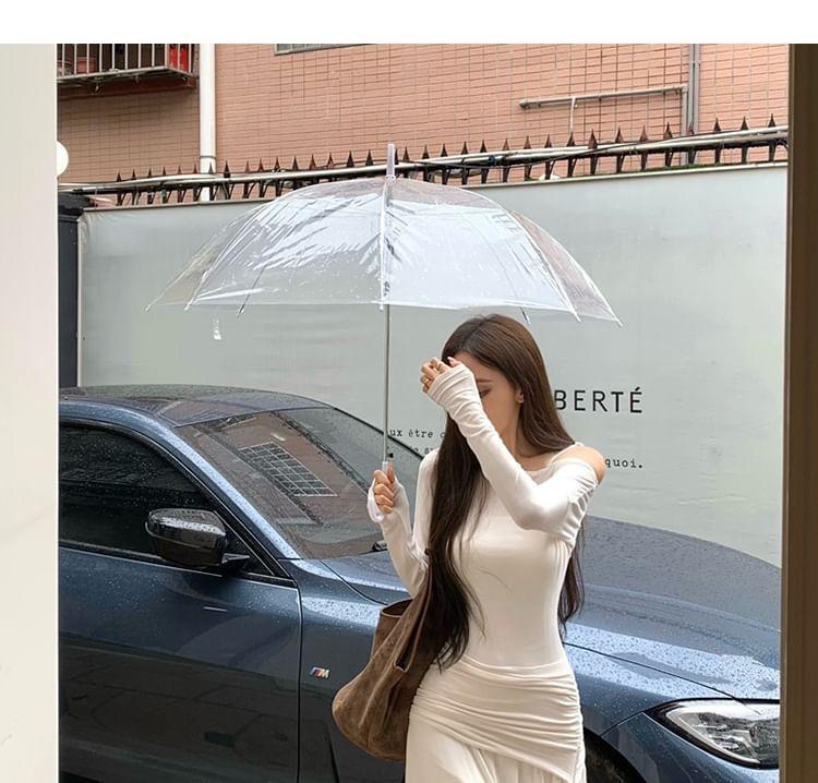 Set: Long-Sleeve Cold Shoulder Plain Ruched Midi A-Line Dress + Slipdress Product Image