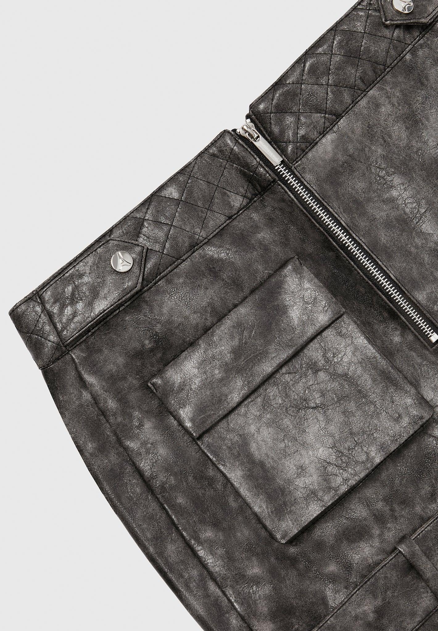 Vintage Leather Cargo Mini Skirt - Grey Female Product Image