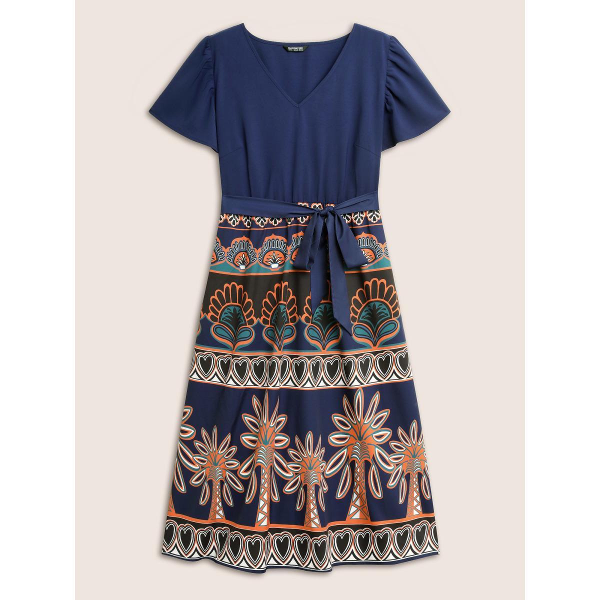 Plus Size Boho Print Patchwork Ruffle Sleeve Dress DarkBlue Women Resort Belted V-neck Short sleeve Curvy BloomChic 18-20/2X Product Image