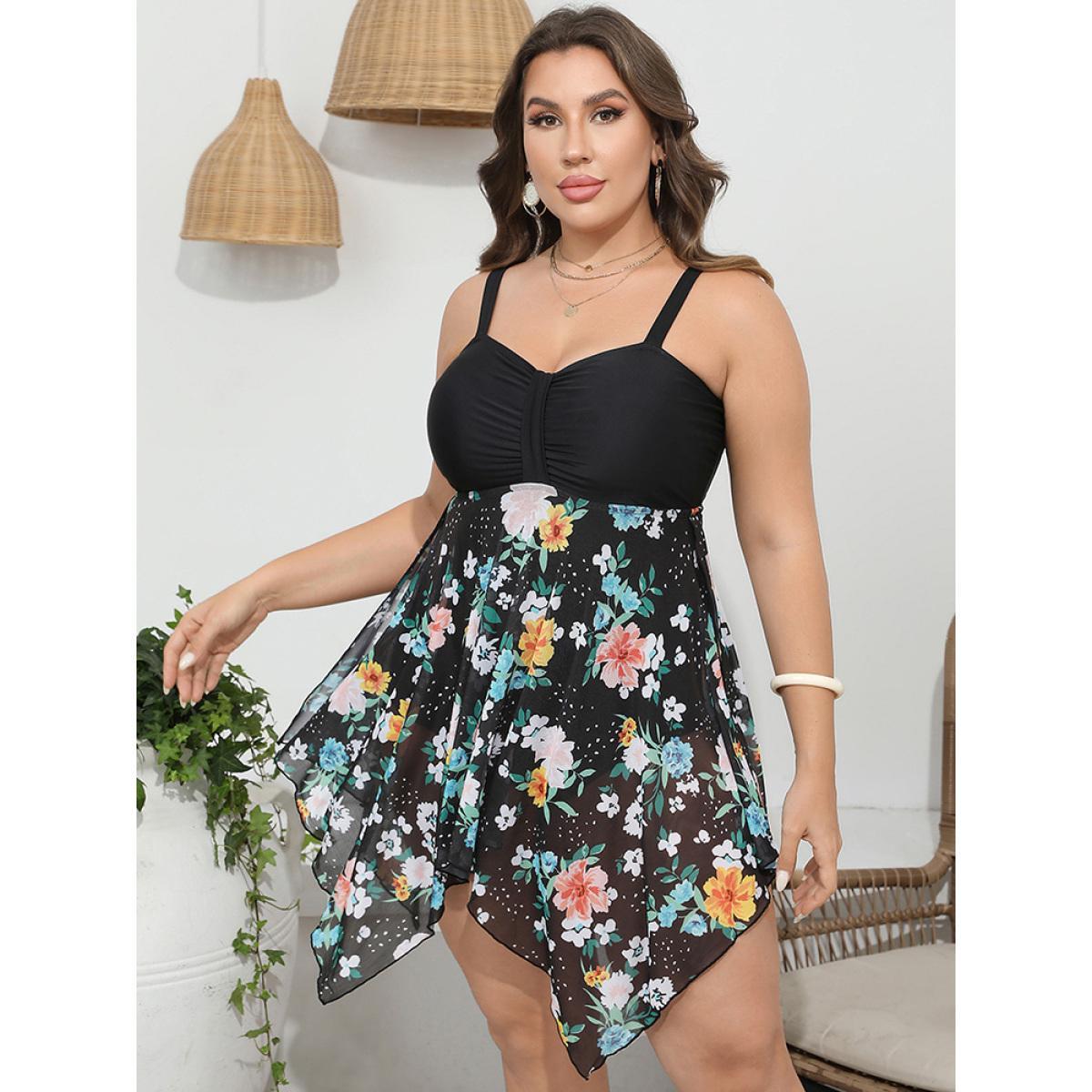 Plus Size Floral Patchwork Ruched Front Hanky Hem Swim Dress Women's Swimwear BlackFlower Vacation Bodycon High stretch Curve Swim Dresses BloomChic 18-20/2X Product Image