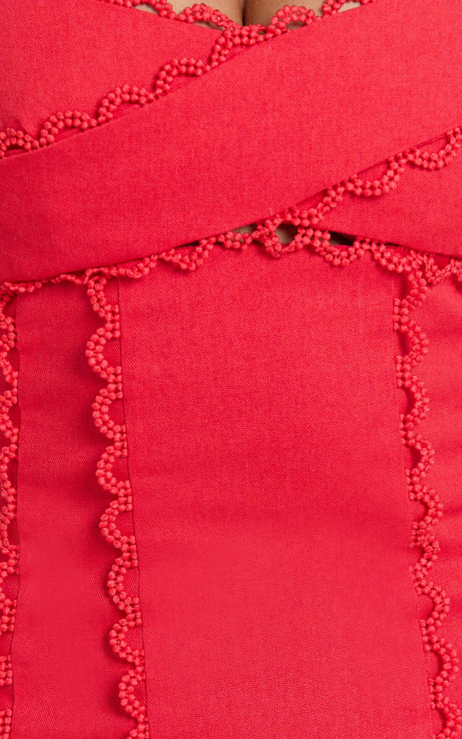 Gigi Mini Linen Blend Dress - Sweetheart Tie Back Scallop Detail Dress in Red Product Image