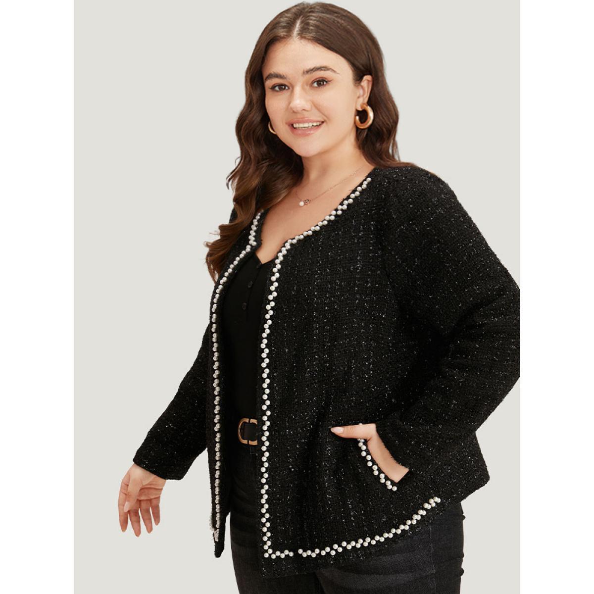 Plus Size Pearl Tweed Beaded Texture Pocket Blazer Women Black Elegant Texture Ladies Dailywear Winter Coats BloomChic 14-16/1X Product Image