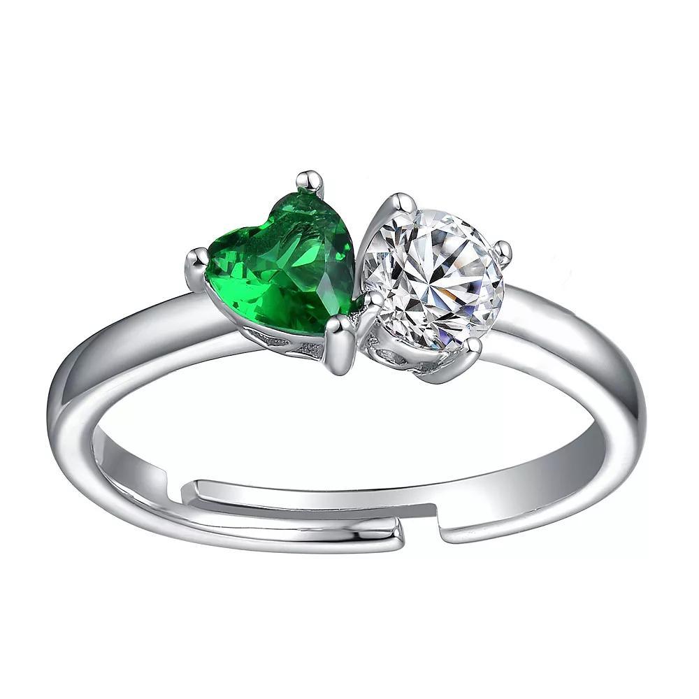 Sterling Silver Cubic Zirconia & Diamond Accent Two-Stone Heart Promise Ring, Womens Green Product Image