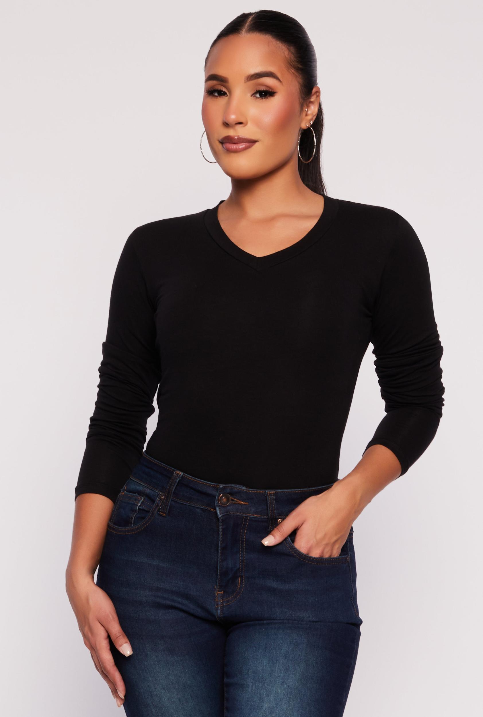 Womens Long Sleeve V Neck Basic Tee Product Image