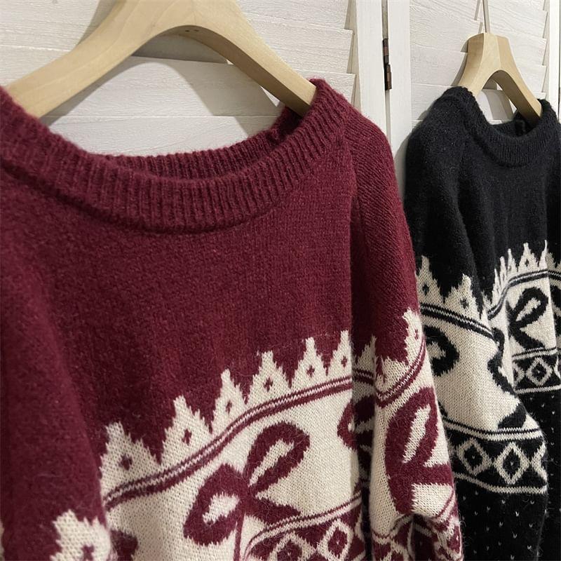 Crew Neck Patterned Oversized Sweater Product Image
