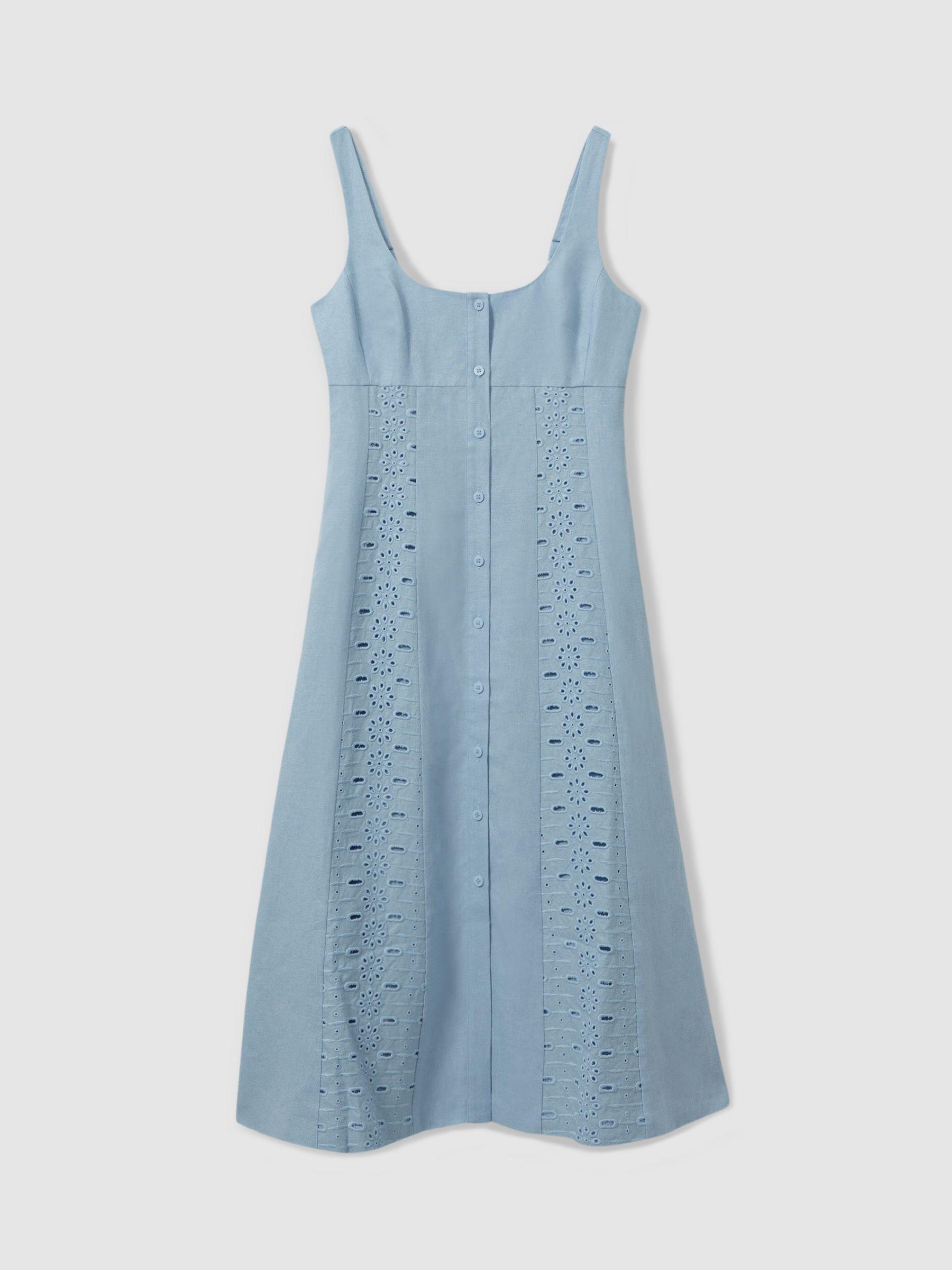 Linen Broderie Midi Dress in Blue Product Image