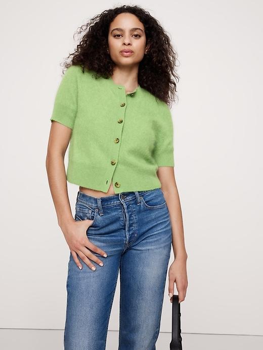 Lightweight Brushed Cashmere Short-Sleeve Cardigan Sweater Product Image