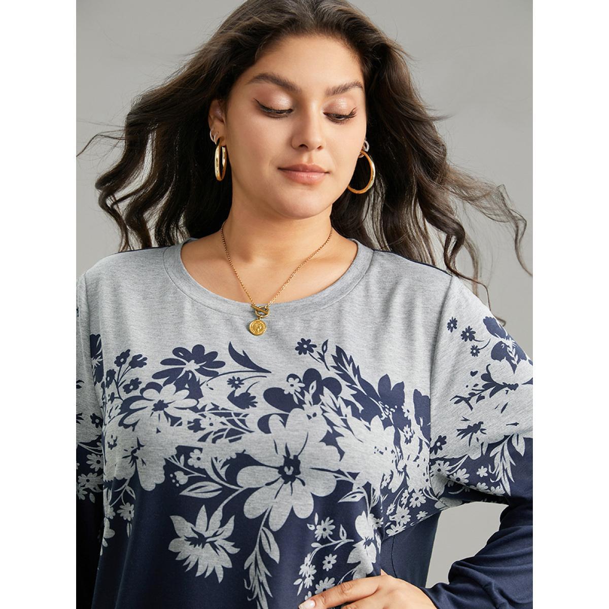Plus Size Silhouette Floral Print Contrast Round Neck Sweatshirt Women Indigo Casual Contrast Round Neck Dailywear Sweatshirts BloomChic 30/6X Product Image