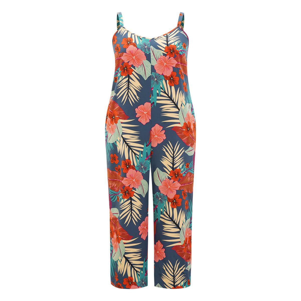 Plus Size Indigo Floral Print Pocket Cami Jumpsuit Women Elegant Sleeveless Spaghetti Strap Dailywear Loose Jumpsuits BloomChic 10/M Product Image