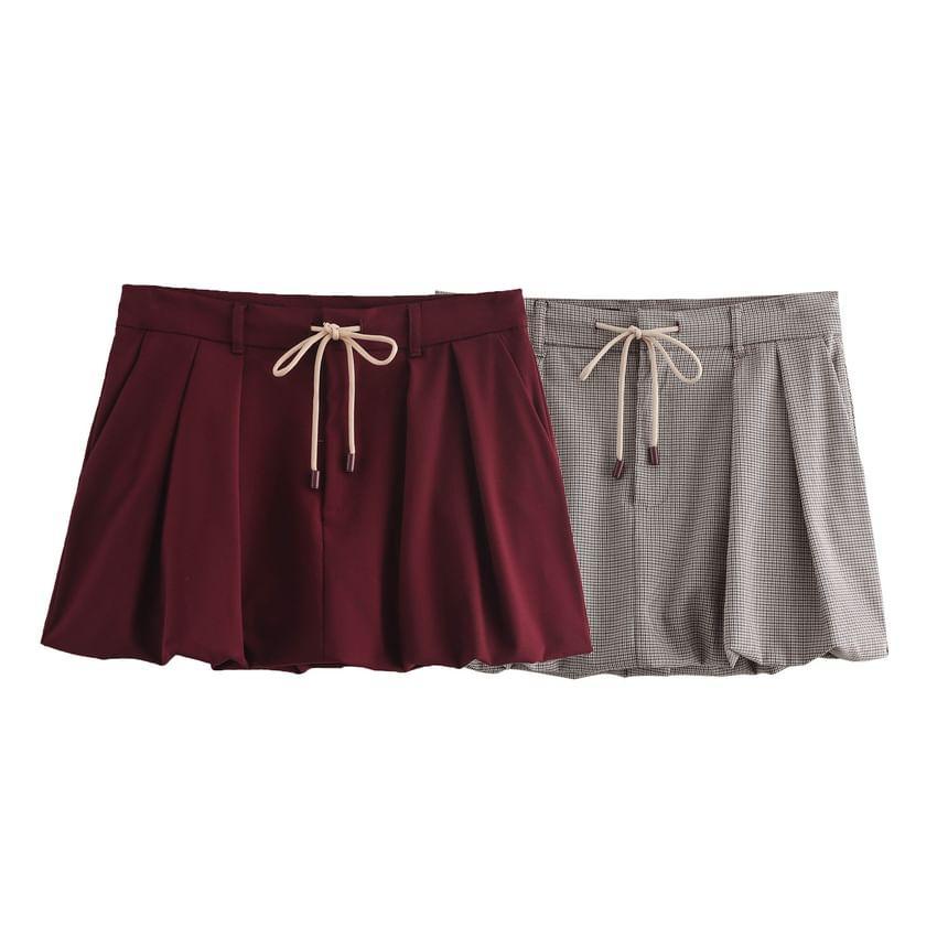 Drawstring Waist Pleated Mini A-Line Balloon Skirt Product Image