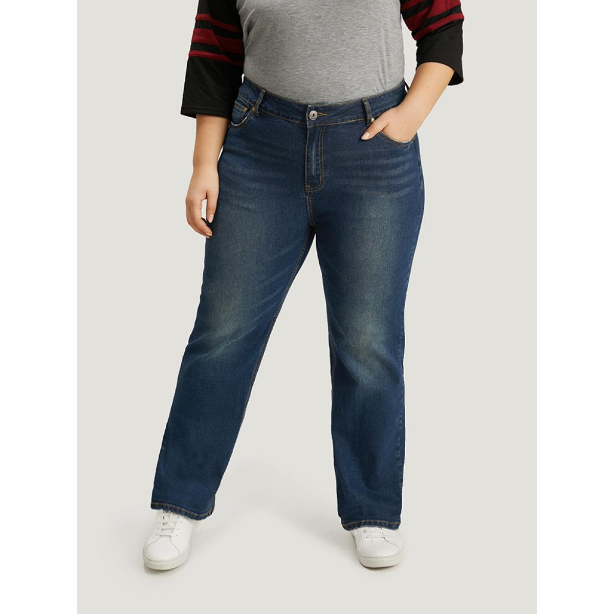 Plus Size Plain Roll Hem Medium Wash Full Length Jeans Women Indigo Casual Plain Plain High stretch Pocket Jeans BloomChic 28/5X Product Image