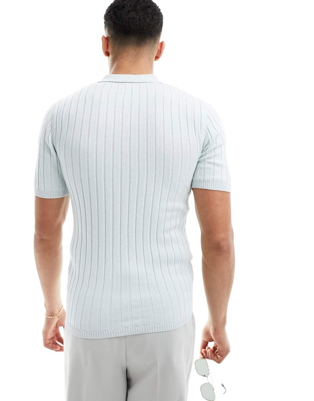 ASOS DESIGN muscle fit lightweight knit ribbed polo in blue Product Image