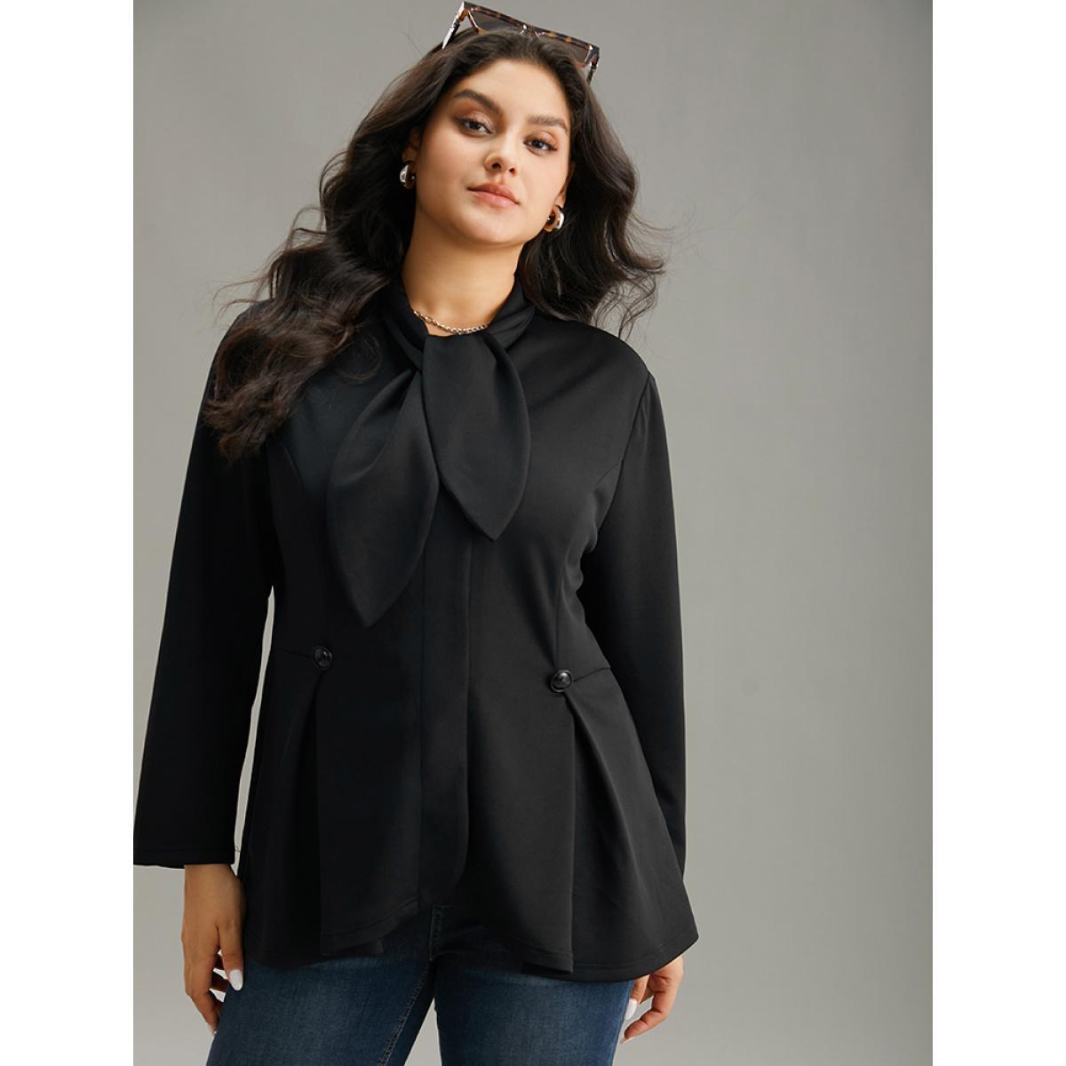 Plus Size Plain Button Detail Asymmetrical Ties Blazer Black Women Dailywear Plain Plain Sleeve Long Sleeve Asymmetrical Neck 12/L Elegant Blazers BloomChic Product Image