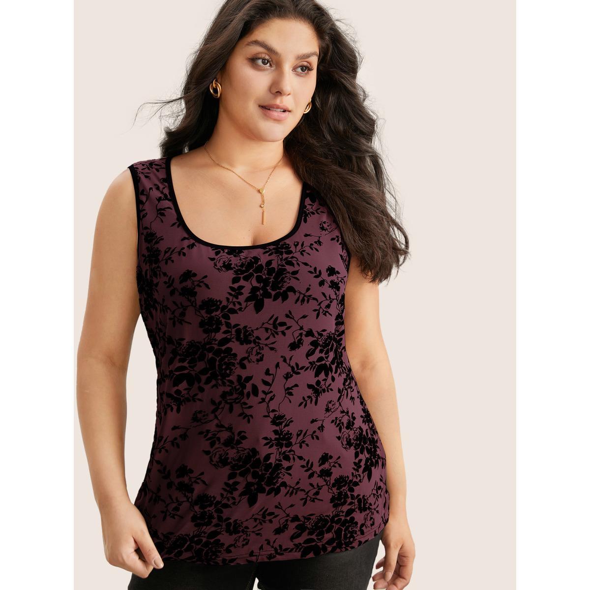 Plus Size Silhouette Floral Print Flocking Square Neck Tank Top Women Burgundy Elegant Texture Square Neck Everyday Tank Tops Camis BloomChic 28/5X Product Image