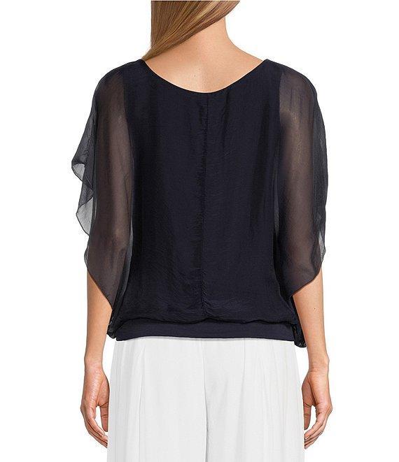 M Made in Italy Silky Crew Neck Short Sleeve Banded Hem Poncho Top Product Image