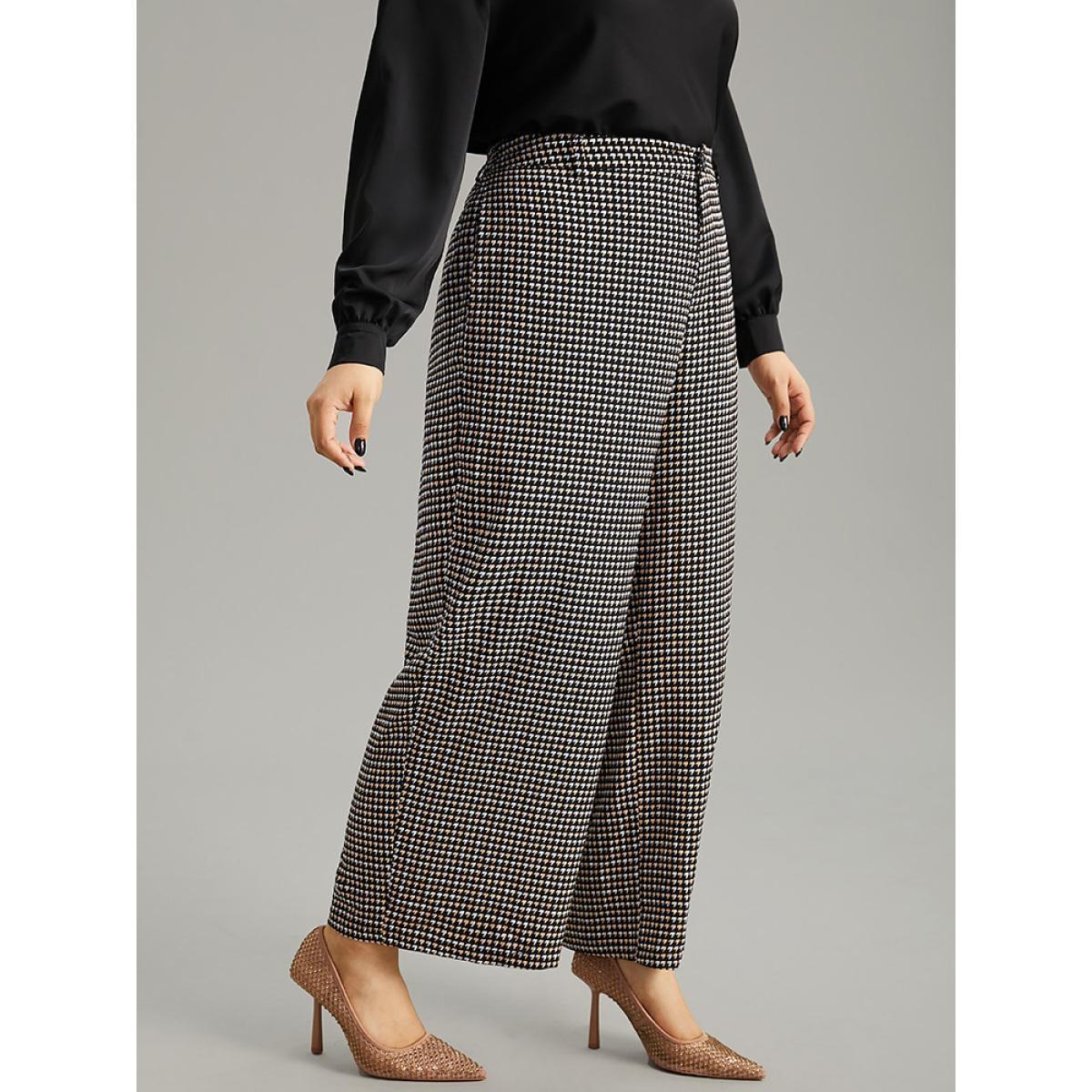 Plus Size Houndstooth Elastic Waist Straight Leg Pants Women Black Office Straight Leg High Rise Work Pants BloomChic 12/L Product Image
