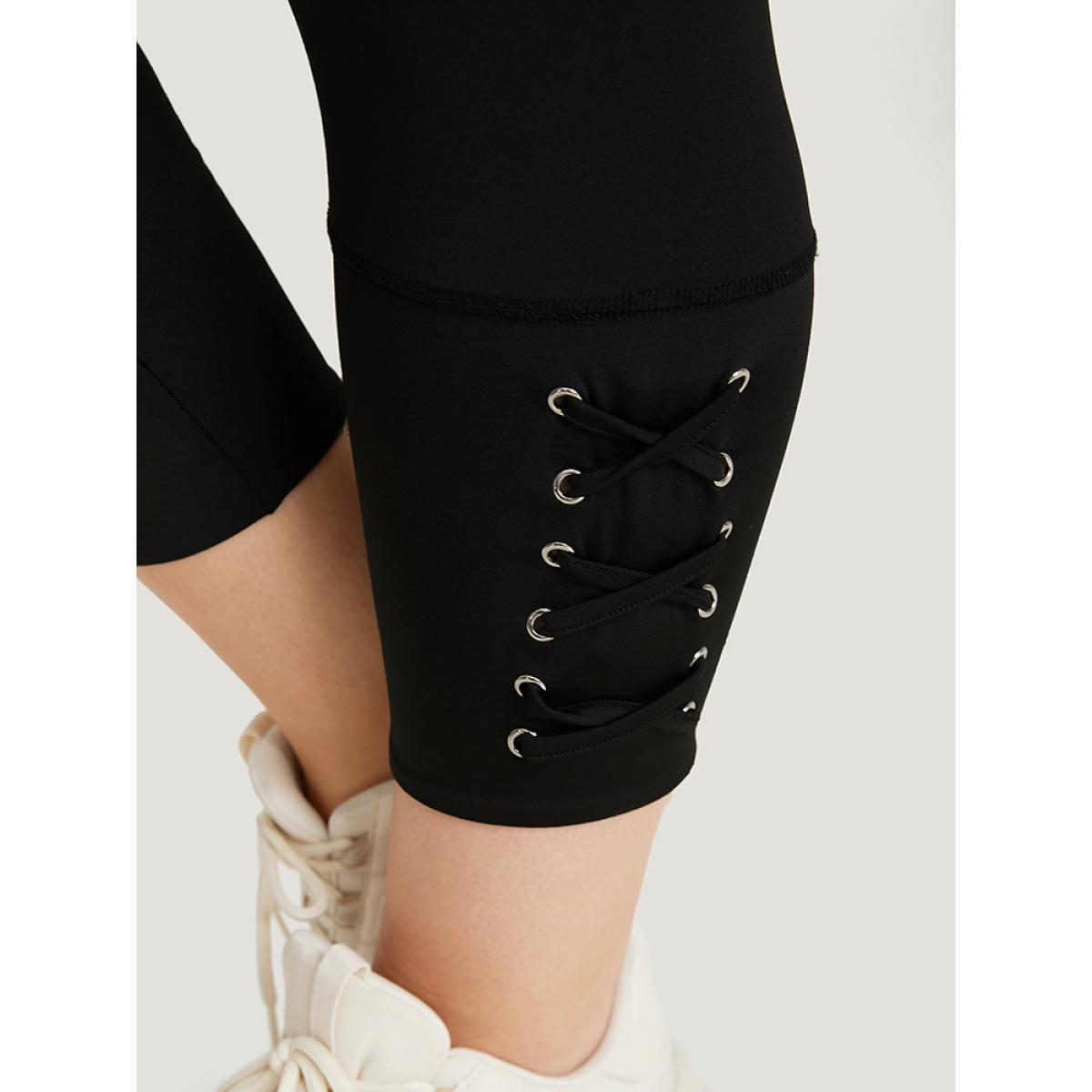 Plus Size Plain Crisscross Hem Elastic Waist Skinny Leggings Women Black Casual No stretch Skinny High Rise Dailywear Leggings BloomChic 18-20/2X Product Image