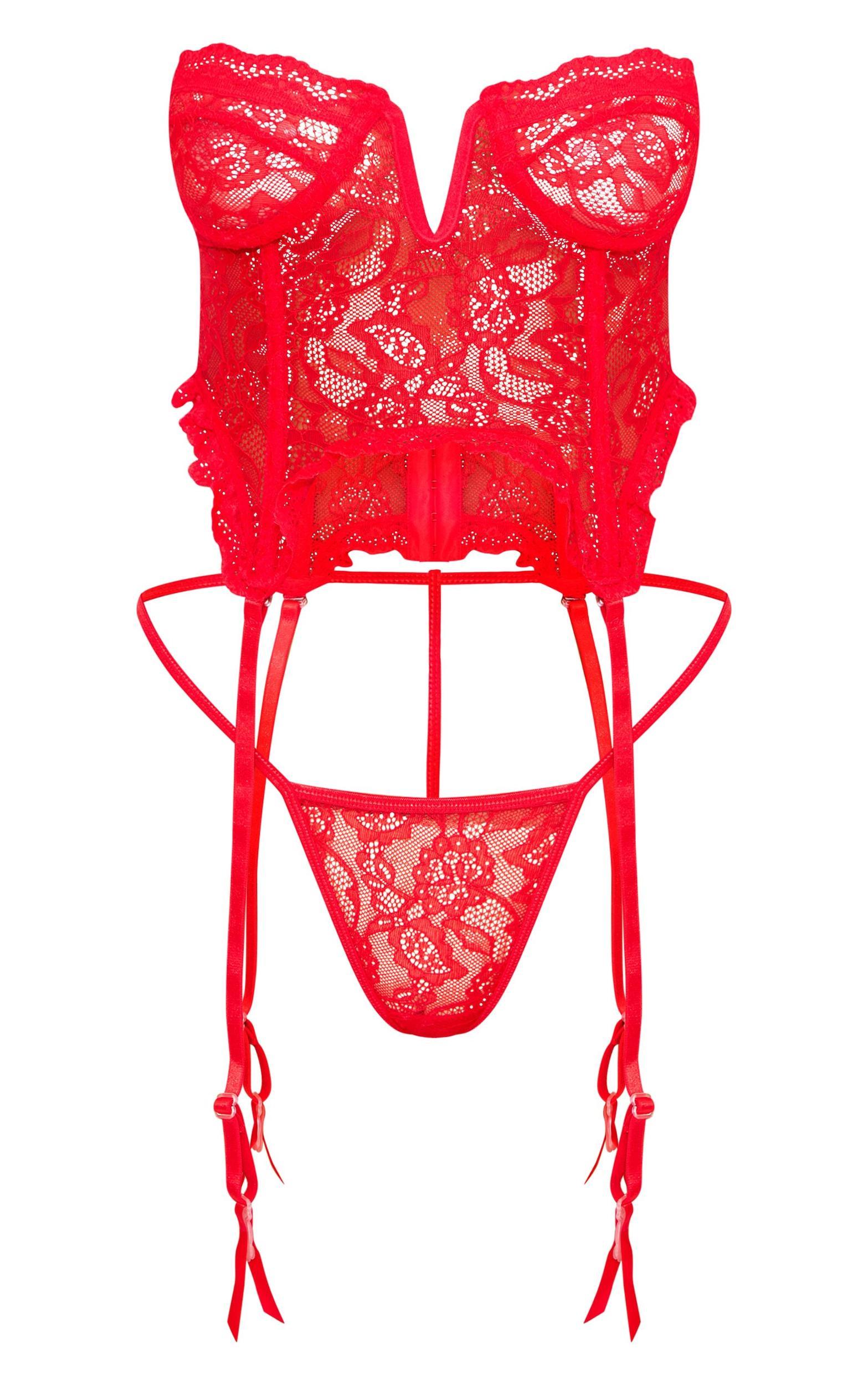 Red Lace Frill Underwired Corset Lingerie Set Product Image