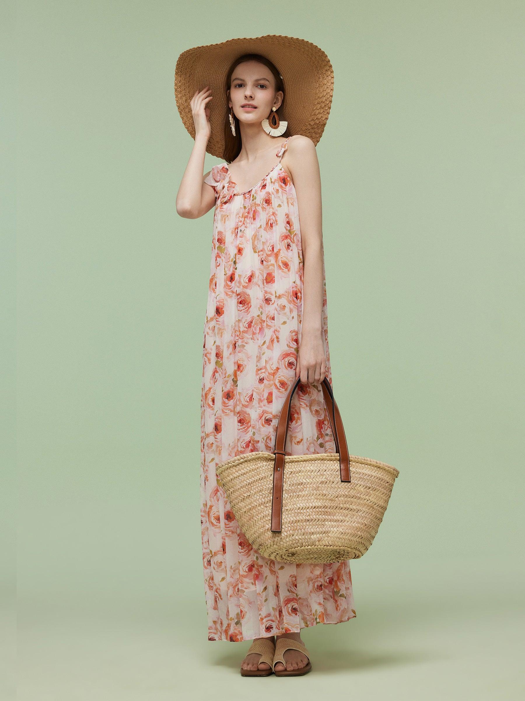 10MM Mulberry Silk Rose Print Women Strap Maxi Dress Product Image